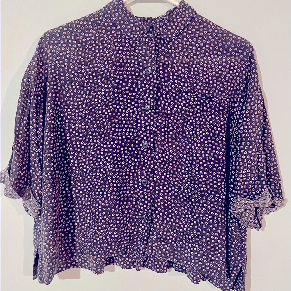 boxy fit cuffed navy floral button-down